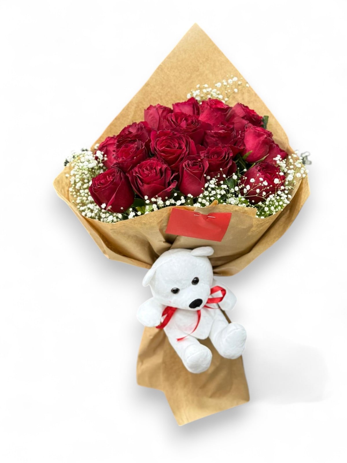Krmz Gl Buketi 15 Adet + Beyaz Pelu